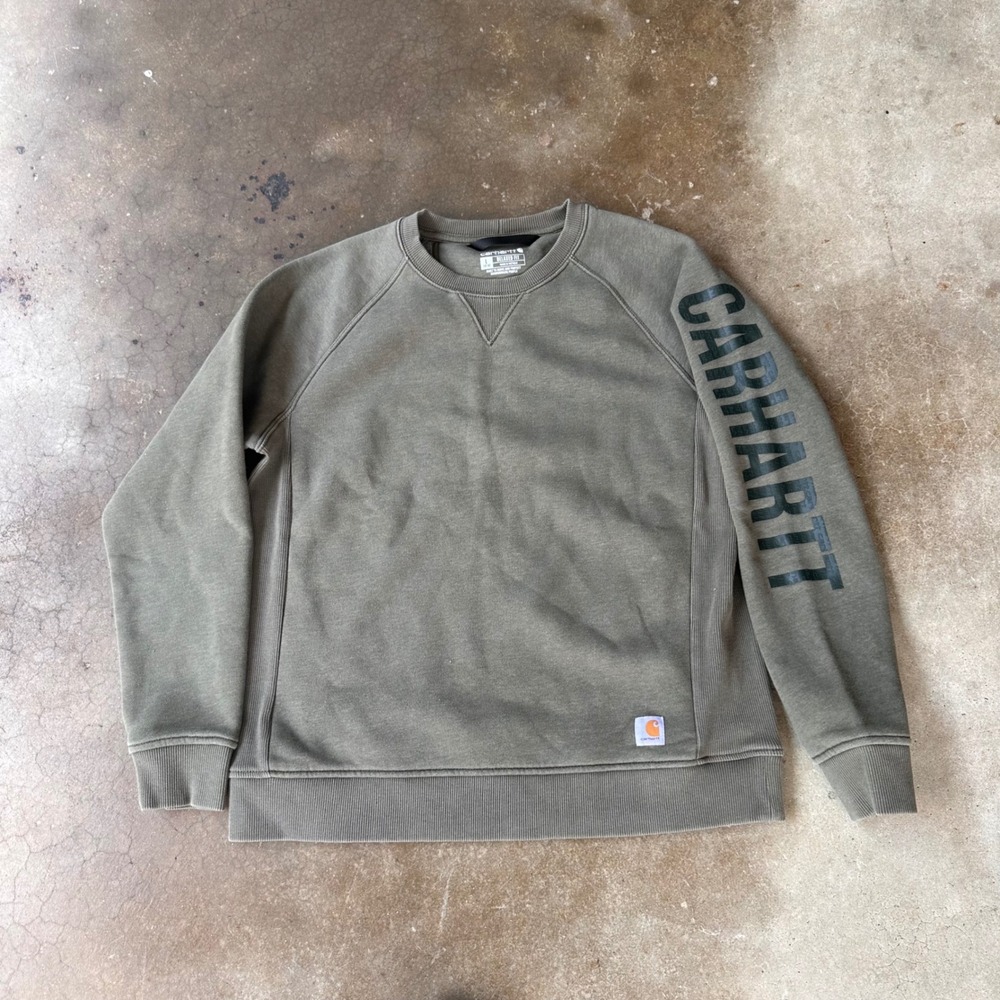 Carhartt Sweatshirt Boys Large 12/14 Olive Green Excellent Graphic Sleeve Logo